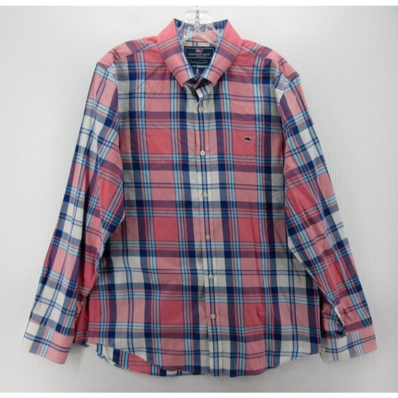 Vineyard Vines Shirt Large Pink Button Up Plaid Slim Fit Whale Shirt - Picture 1 of 10